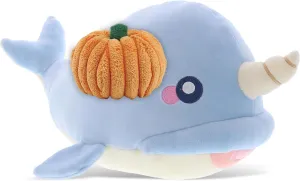 DolliBu Baby Soft Blue Narwhal Stuffed Animal with Pumpkin Decor and Name Personalization for Fall, Halloween and Thanksgiving, Pumpkin Toy for Baby, Kids, Adults - 11.75 Inches