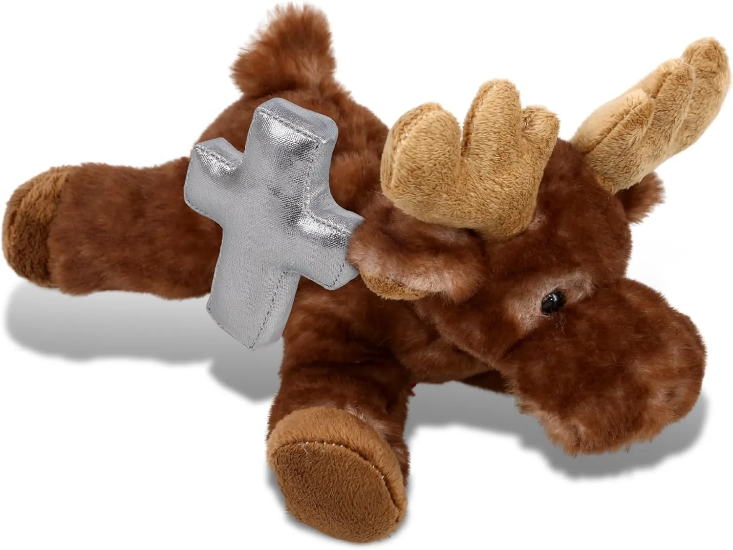 DolliBu Brown Lying Moose Stuffed Animal with Silver Cross Plush – Religious Baptism Gifts for Boys and Girls, Dedication Christening Gifts Plush Prayer Toy Healing Stuffed Animal – 9 Inches