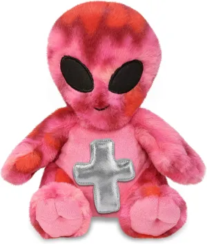 DolliBu Pink Tie-Dye Alien Stuffed Animal with Silver Cross and Personalization - Religious Baptism Gifts for Boys and Girls, Dedication Christening Gifts Plush Prayer Toy Healing Teddy Bear - 11 Inch