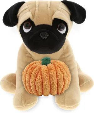DolliBu Pug Dog Plush Stuffed Animal with Pumpkin Plush Decor - Pug Dog Pumpkin Plush Animal for Fall, Halloween and Thanksgiving, Pumpkin Plush Toy for Baby, Kids, Adults - 10 Inches