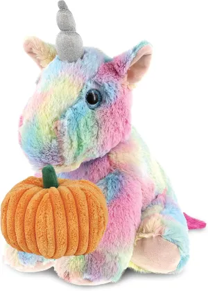 DolliBu Soft Floppy Rainbow Unicorn Stuffed Animal with Pumpkin Decor - Cute Rainbow Unicorn Pumpkin Plush Animal for Fall, Halloween and Thanksgiving, Pumpkin Toy for Kids, Adults - 12 Inches