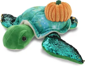 DolliBu Space Sequin Plush Sea Turtle Stuffed Animal with Pumpkin Decor and Name Personalization - Pumpkin Plush Animal for Fall, Halloween and Thanksgiving, Pumpkin Toy for Kids, Adults - 13 Inches