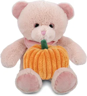 DolliBu Super Soft Baby Pink Bear Stuffed Animal with Pumpkin Plush Decor - Pink Bear Pumpkin Plush Animal for Fall, Halloween and Thanksgiving, Pumpkin Plush Toy for Baby, Kids, Adults - 8 Inches