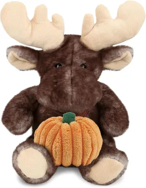 DolliBu Super Soft Brownish Sitting Moose Stuffed Animal with Pumpkin Decor - Pumpkin Plush Animal for Fall, Halloween and Thanksgiving, Pumpkin Toy for Baby, Kids, Adults - 10 Inches