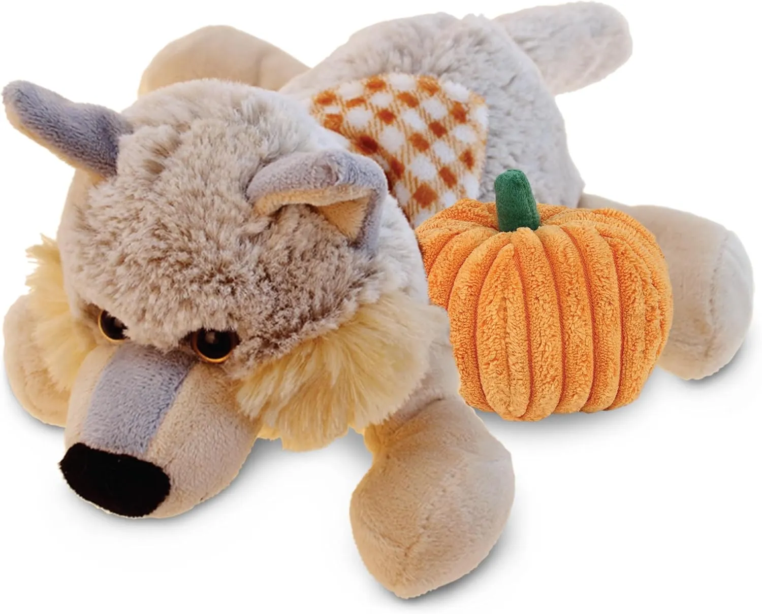DolliBu Super Soft Lying Wolf Stuffed Animal with Pumpkin Decor and Name Personalization - Plush Animal for Fall, Halloween and Thanksgiving for Baby, Kids, Adults - 9 Inches
