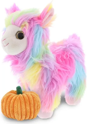 DolliBu Super Soft Plush Rainbow Llama Stuffed Animal with Pumpkin Decor - Pumpkin Plush Animal for Fall, Halloween and Thanksgiving, Pumpkin Toy for Baby, Kids, Adults - 10 Inches