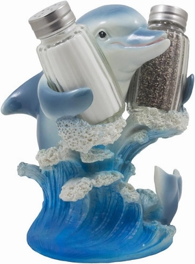 Dolphin Riding Ocean Wave Salt and Pepper Shaker Set with Figurine Holder in Decorative Tropical Kitchen Decor Spice Racks & Porpoise Display Stands or Beach Bar As Gifts for Dolphin Lovers