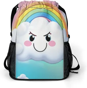 Drawstring Backpack Sports Gym Bag with Zipper Cartoon Smiling Cloud Rainbow Waterproof Sackpack Large String Bag for Yoga Beach, 45.5x41.5x36cm