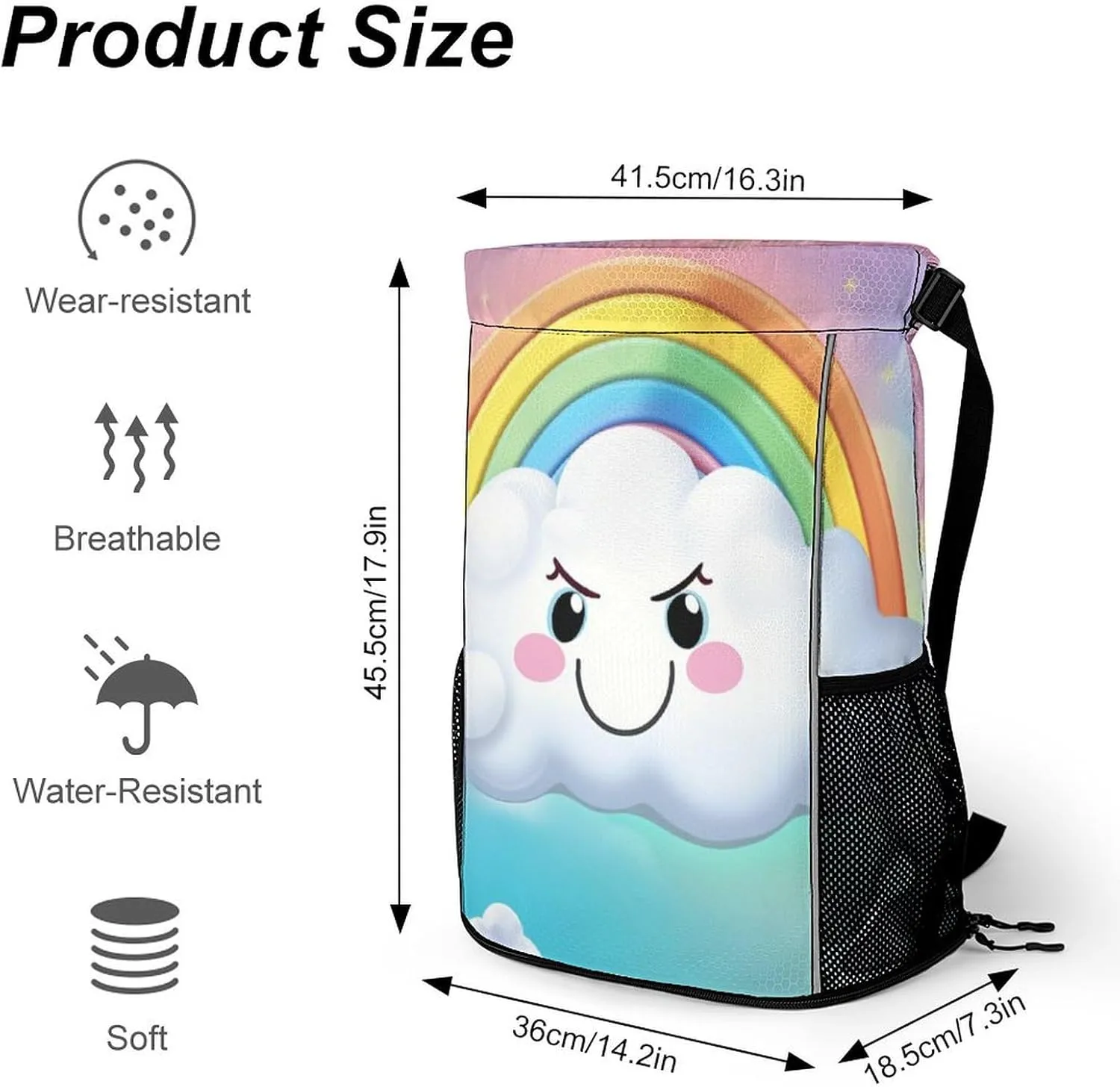 Drawstring Backpack Sports Gym Bag with Zipper Cartoon Smiling Cloud Rainbow Waterproof Sackpack Large String Bag for Yoga Beach, 45.5x41.5x36cm