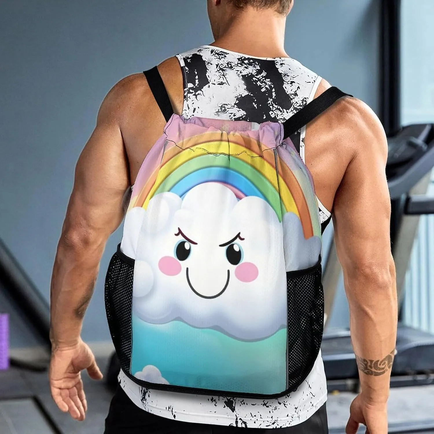 Drawstring Backpack Sports Gym Bag with Zipper Cartoon Smiling Cloud Rainbow Waterproof Sackpack Large String Bag for Yoga Beach, 45.5x41.5x36cm