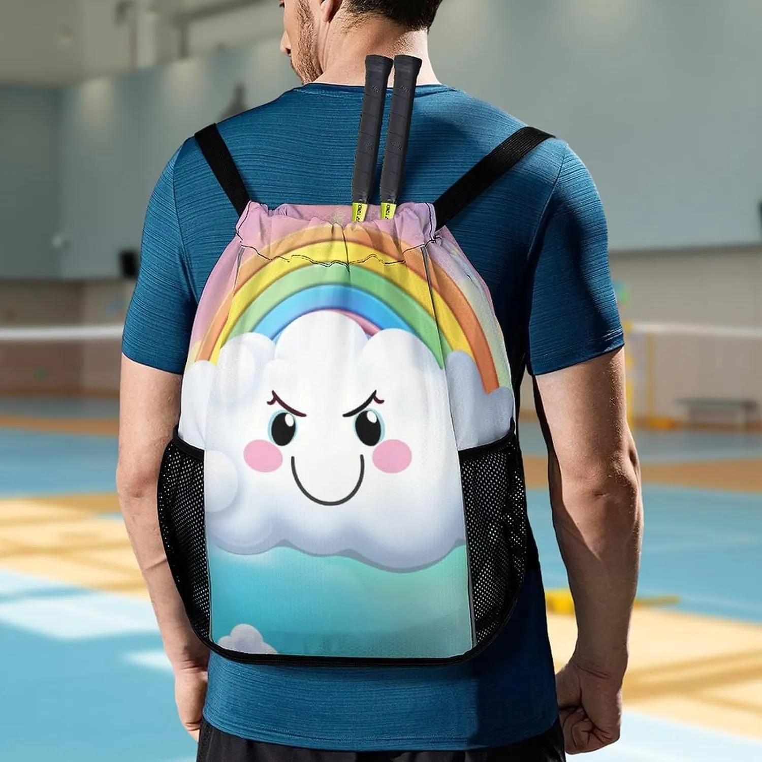 Drawstring Backpack Sports Gym Bag with Zipper Cartoon Smiling Cloud Rainbow Waterproof Sackpack Large String Bag for Yoga Beach, 45.5x41.5x36cm