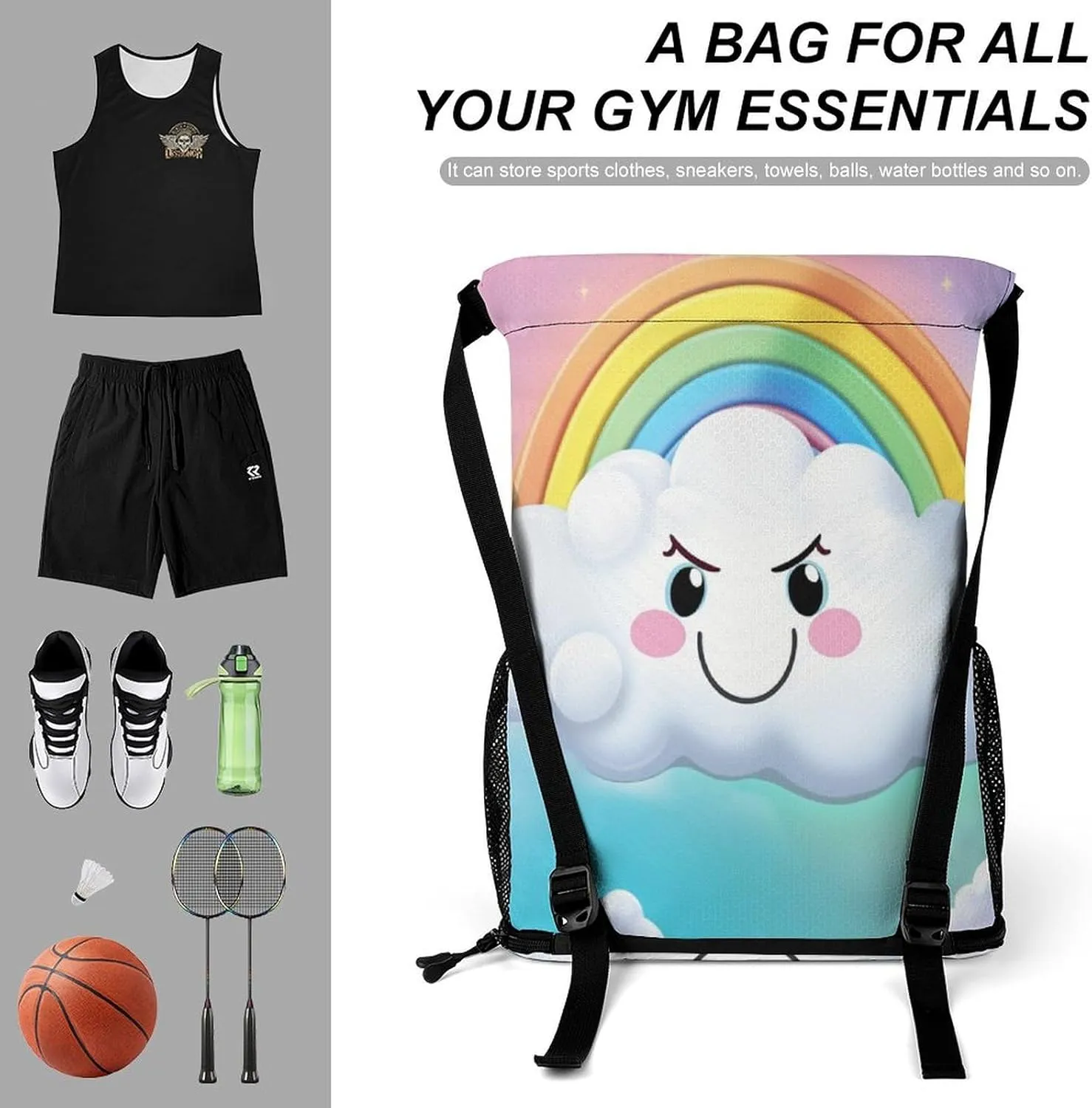 Drawstring Backpack Sports Gym Bag with Zipper Cartoon Smiling Cloud Rainbow Waterproof Sackpack Large String Bag for Yoga Beach, 45.5x41.5x36cm