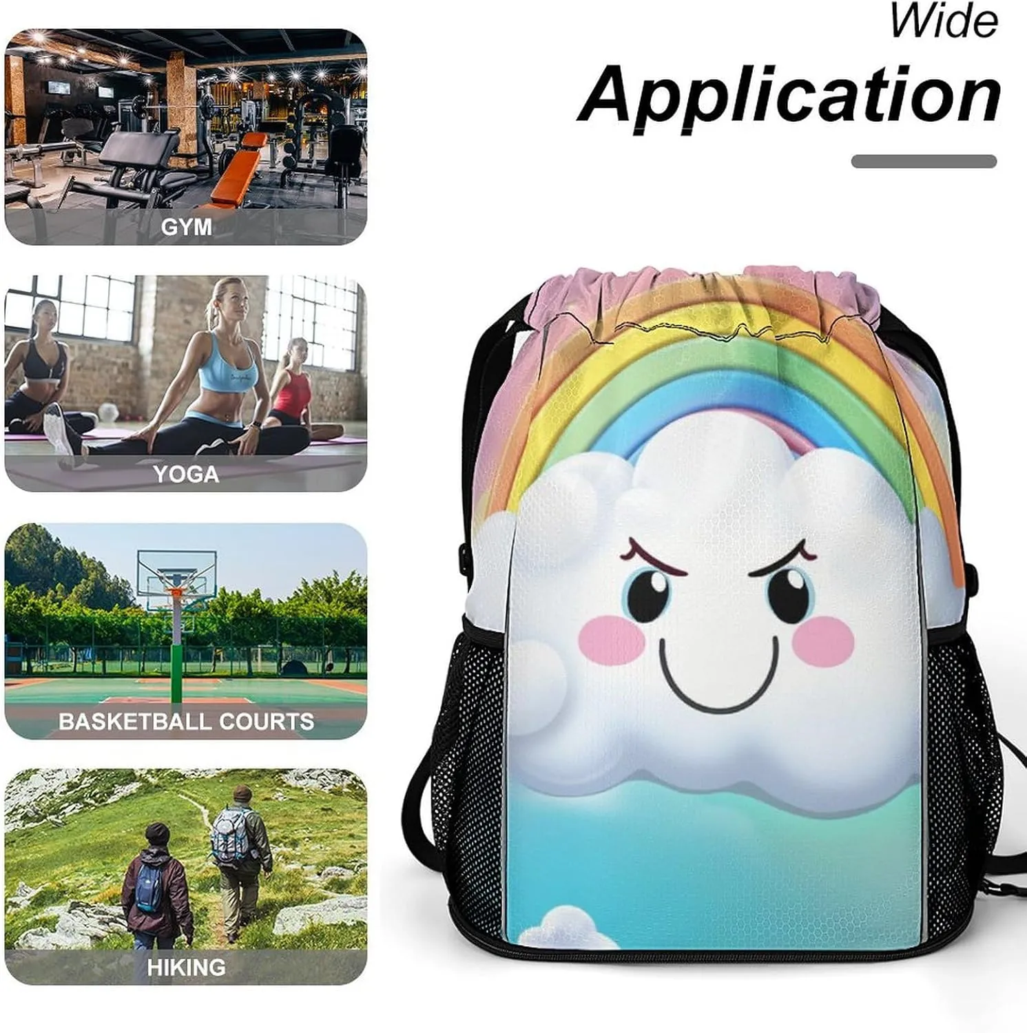 Drawstring Backpack Sports Gym Bag with Zipper Cartoon Smiling Cloud Rainbow Waterproof Sackpack Large String Bag for Yoga Beach, 45.5x41.5x36cm