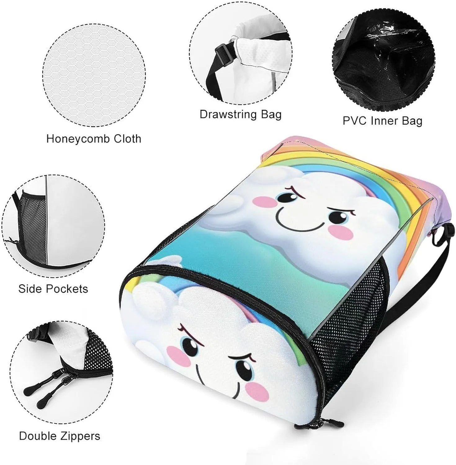 Drawstring Backpack Sports Gym Bag with Zipper Cartoon Smiling Cloud Rainbow Waterproof Sackpack Large String Bag for Yoga Beach, 45.5x41.5x36cm