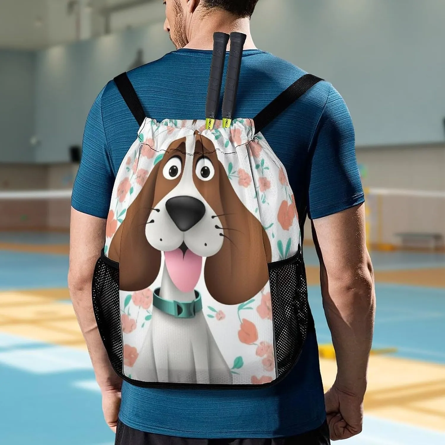 Drawstring Backpack Sports Gym Bag with Zipper Funny Dog Waterproof Sackpack Large String Bag for Yoga Beach, 45.5x41.5x36cm