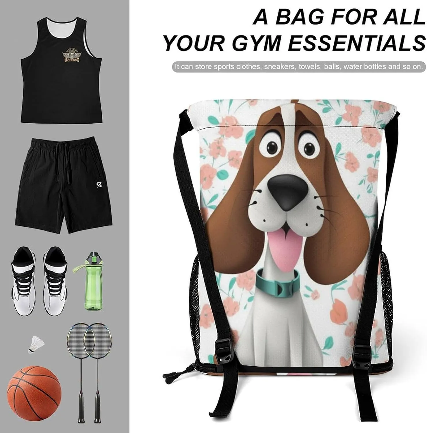 Drawstring Backpack Sports Gym Bag with Zipper Funny Dog Waterproof Sackpack Large String Bag for Yoga Beach, 45.5x41.5x36cm
