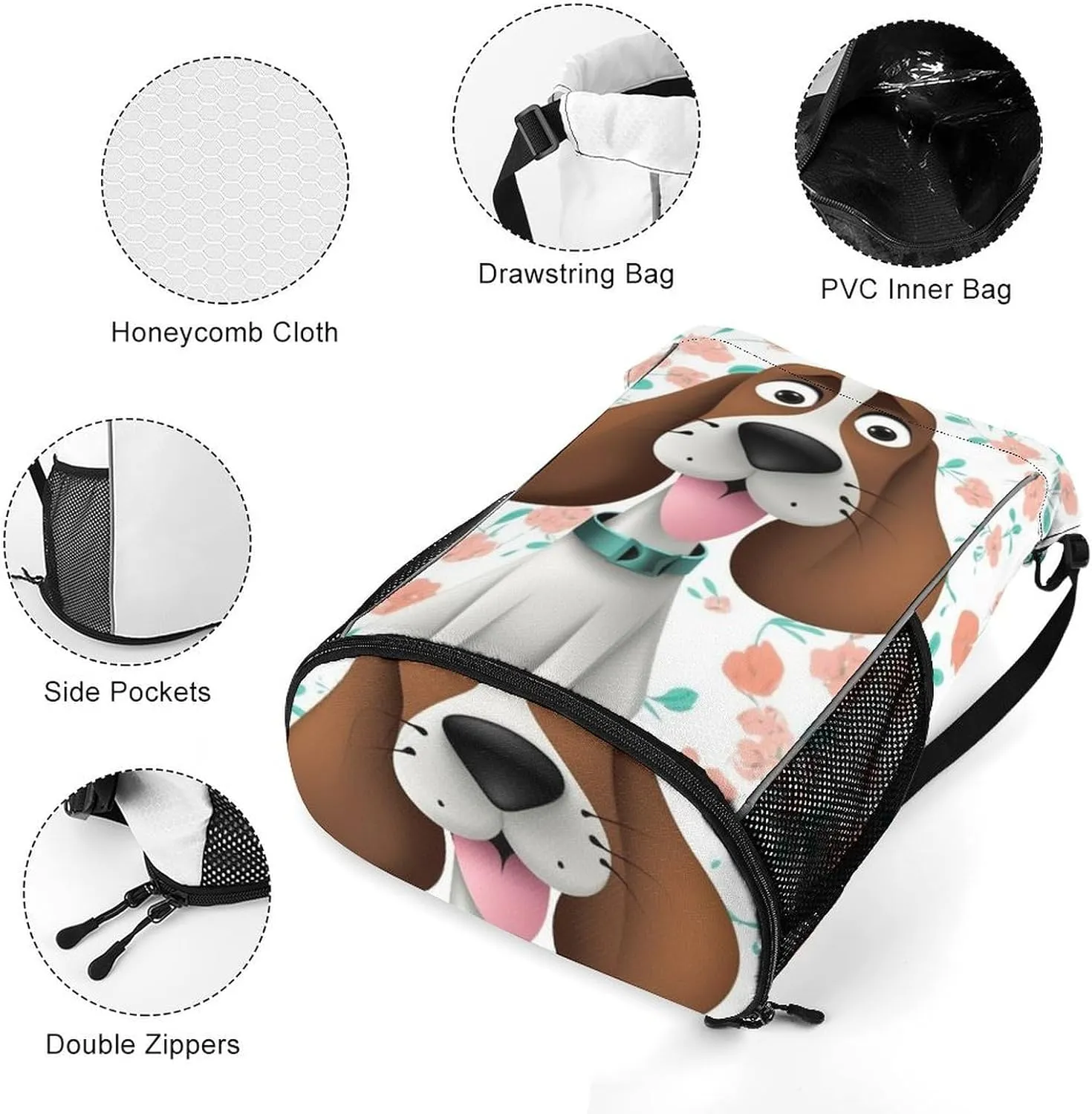Drawstring Backpack Sports Gym Bag with Zipper Funny Dog Waterproof Sackpack Large String Bag for Yoga Beach, 45.5x41.5x36cm