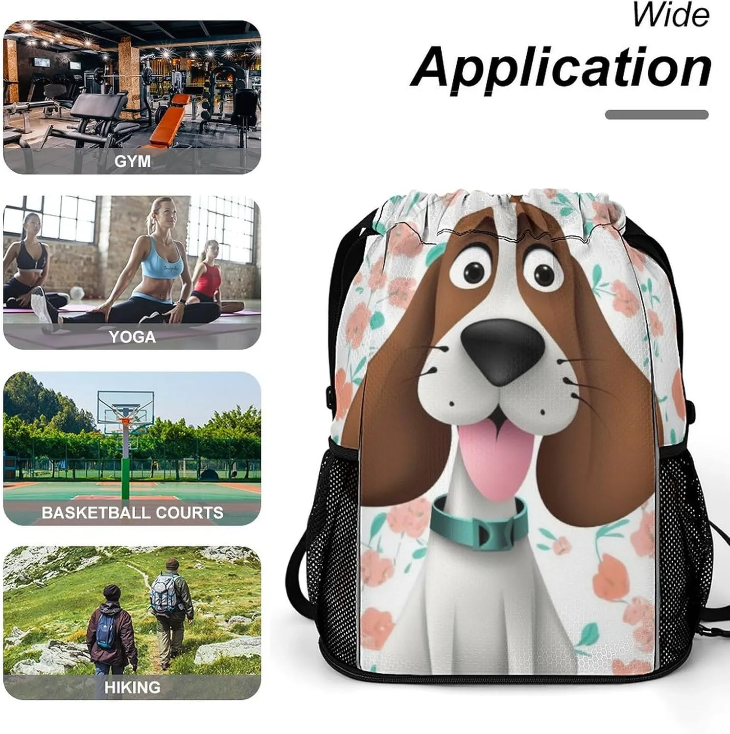 Drawstring Backpack Sports Gym Bag with Zipper Funny Dog Waterproof Sackpack Large String Bag for Yoga Beach, 45.5x41.5x36cm