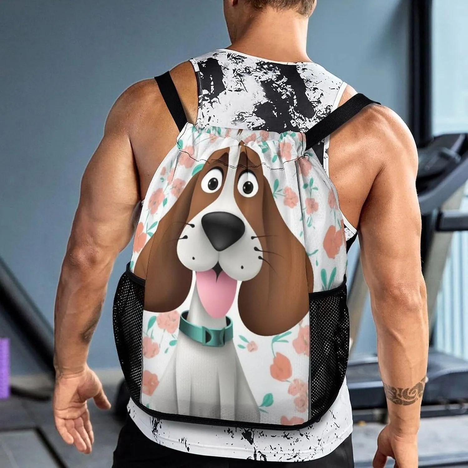 Drawstring Backpack Sports Gym Bag with Zipper Funny Dog Waterproof Sackpack Large String Bag for Yoga Beach, 45.5x41.5x36cm