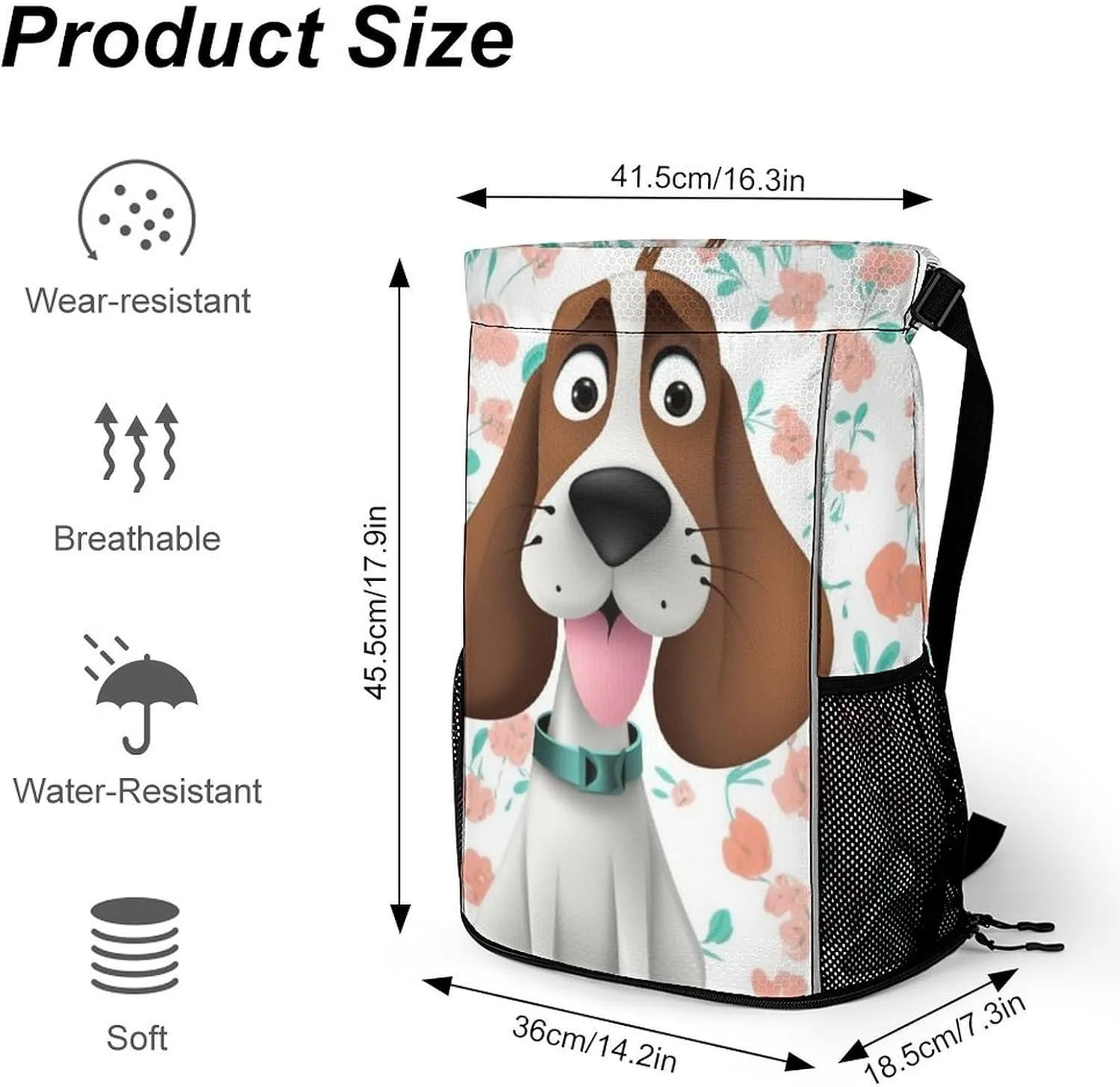 Drawstring Backpack Sports Gym Bag with Zipper Funny Dog Waterproof Sackpack Large String Bag for Yoga Beach, 45.5x41.5x36cm