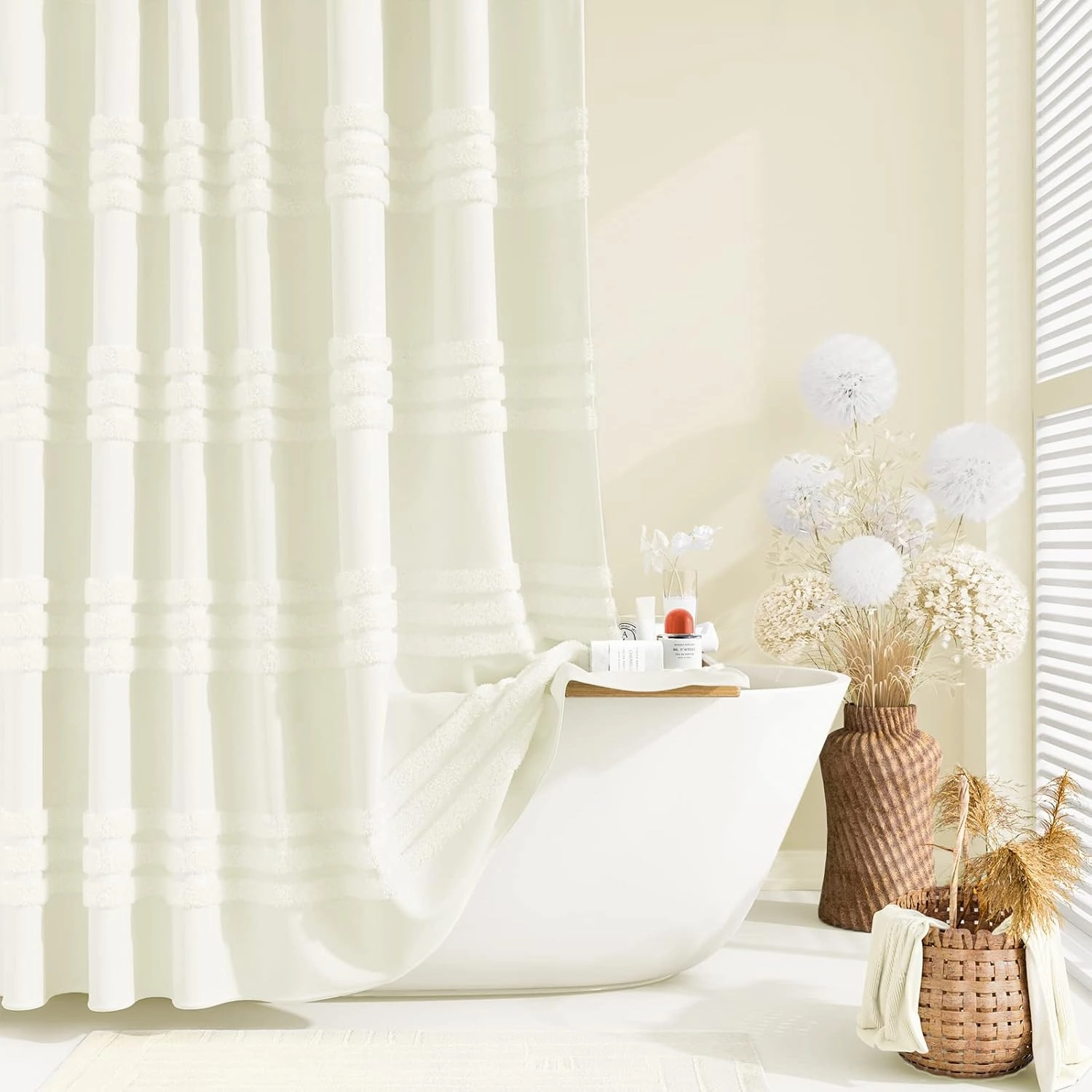 Dynamene Cream Fabric Shower Curtain, Tufted Chenille Striped Textured Cloth Shower Curtains for Bathroom, Boho Farmhouse Shabby Chic Waterproof Shower Curtain Set with Hook, Wrinkle Free, 72x72
