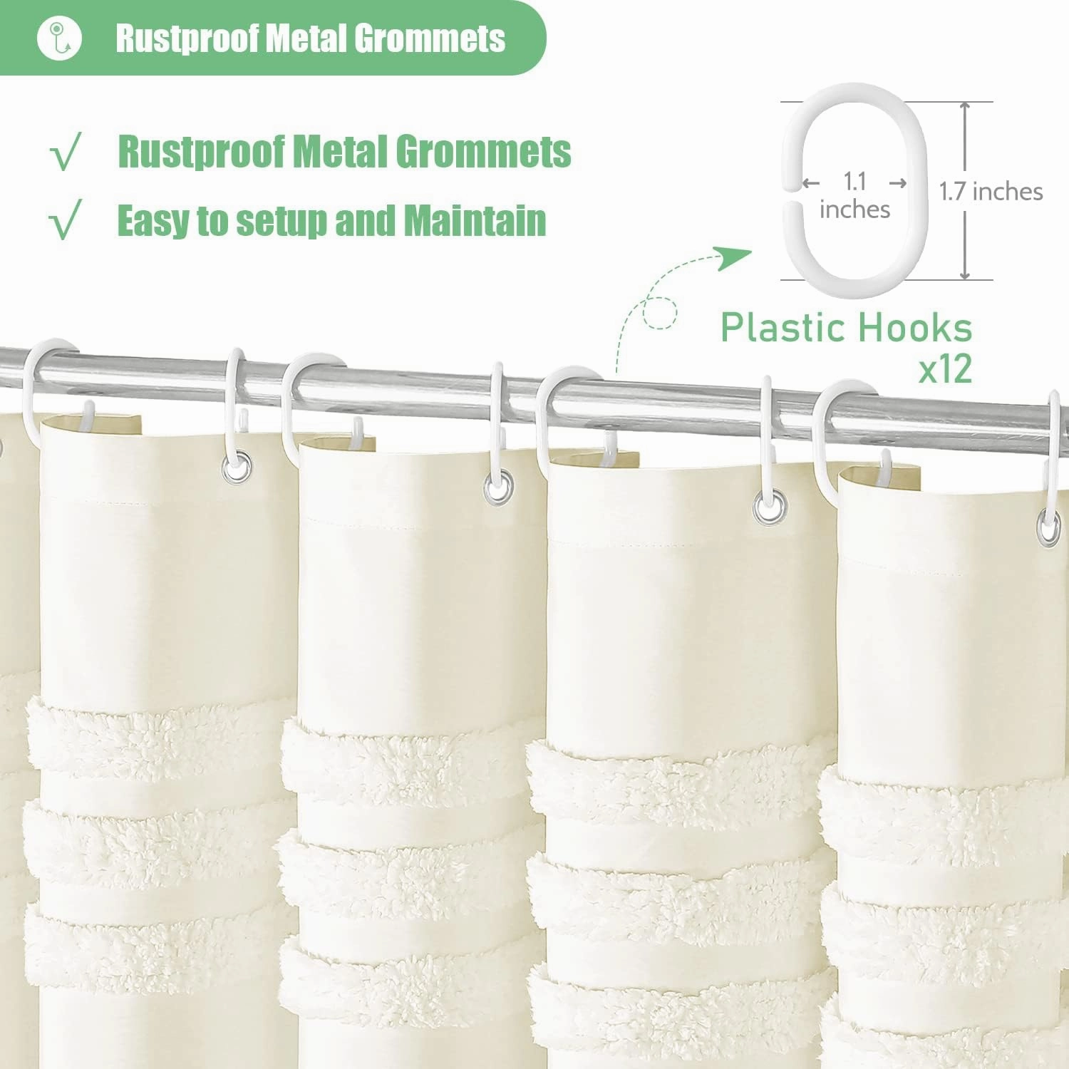 Dynamene Cream Fabric Shower Curtain, Tufted Chenille Striped Textured Cloth Shower Curtains for Bathroom, Boho Farmhouse Shabby Chic Waterproof Shower Curtain Set with Hook, Wrinkle Free, 72x72