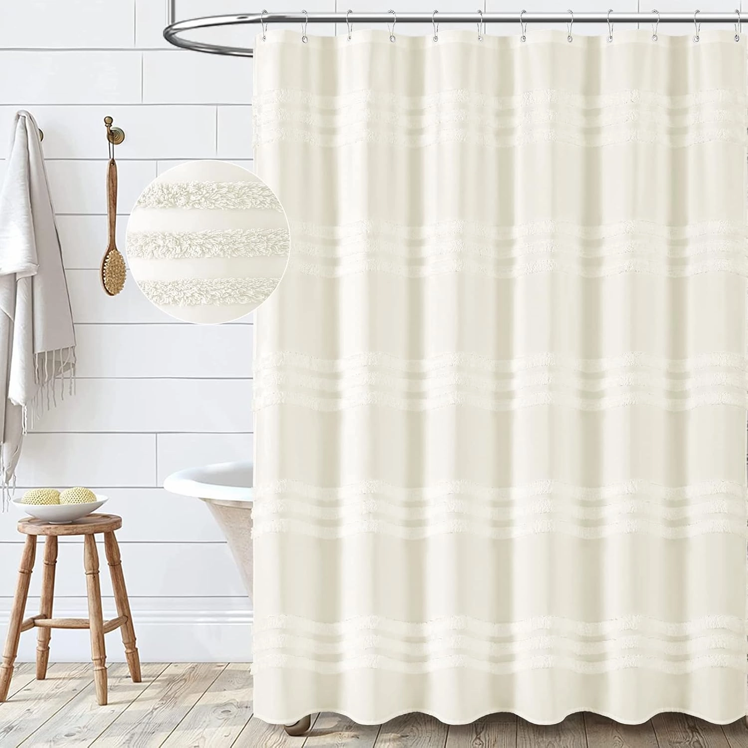 Dynamene Cream Fabric Shower Curtain, Tufted Chenille Striped Textured Cloth Shower Curtains for Bathroom, Boho Farmhouse Shabby Chic Waterproof Shower Curtain Set with Hook, Wrinkle Free, 72x72
