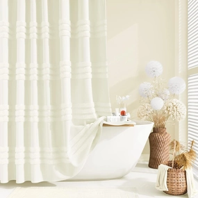 Dynamene Cream Fabric Shower Curtain, Tufted Chenille Striped Textured Cloth Shower Curtains for Bathroom, Boho Farmhouse Shabby Chic Waterproof Shower Curtain Set with Hook, Wrinkle Free, 72x72