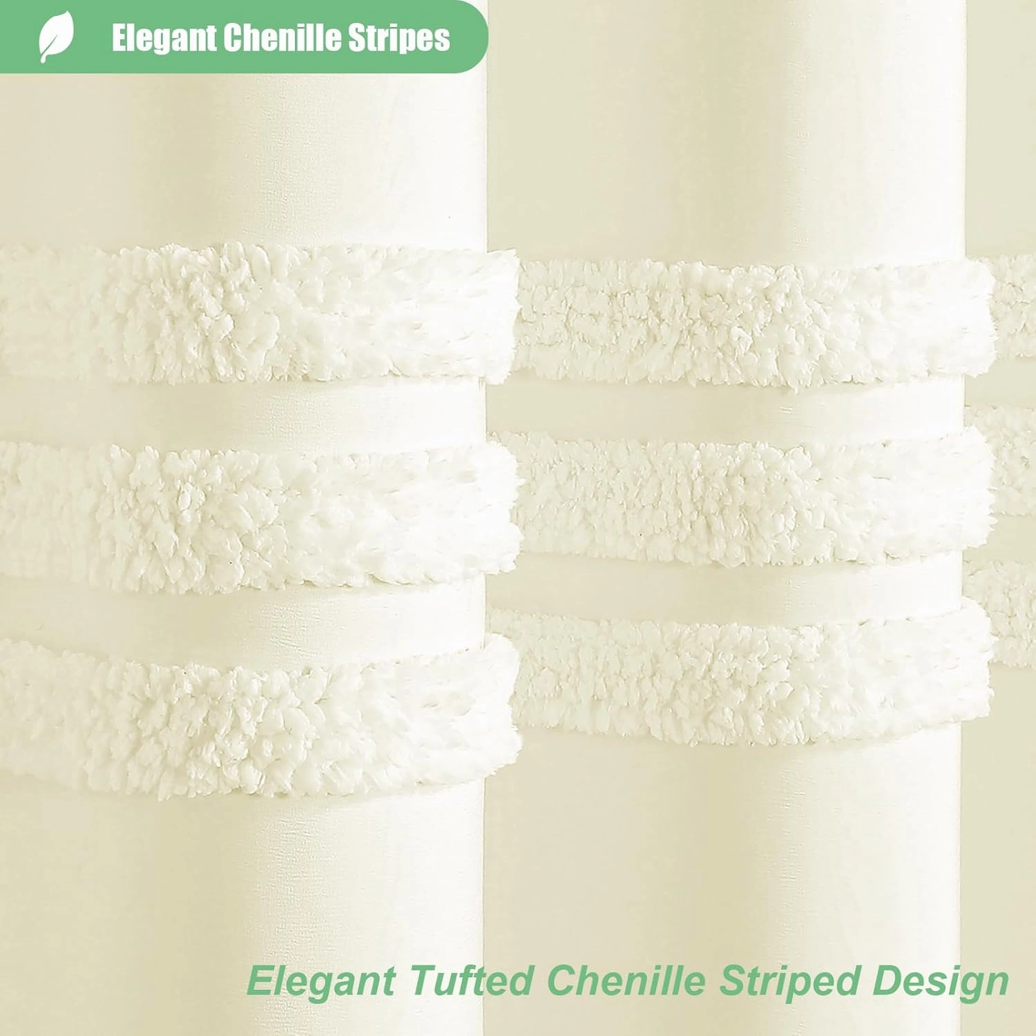 Dynamene Cream Fabric Shower Curtain, Tufted Chenille Striped Textured Cloth Shower Curtains for Bathroom, Boho Farmhouse Shabby Chic Waterproof Shower Curtain Set with Hook, Wrinkle Free, 72x72