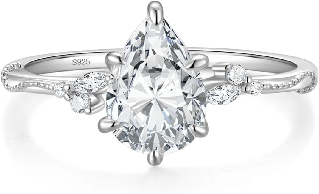 EAMTI 2CT 925 Sterling Silver Engagement Rings Pear Cut Wedding Teardrop Bridal Halo Cubic Zirconia Promise Rings for Women Size 3-11