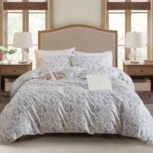 EAVD Fresh Blue Floral Duvet Cover Queen Soft 100% Cotton Garden Floral Aesthetic Bedding Set with 2 Pillowcases Cottagecore Botanical Duvet Cover with Zipper Closure