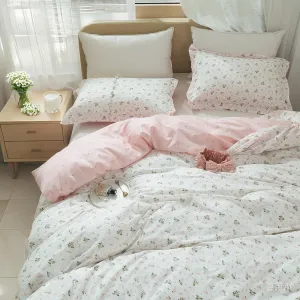 EAVD Vintage Style Garden Pink Floral Duvet Cover Queen 100% Cotton White Pink Botanical Bedding Set for Girls Women Chic Shabby Boho Botanical Floral Comforter Cover with Zipper Closure 4 Ties