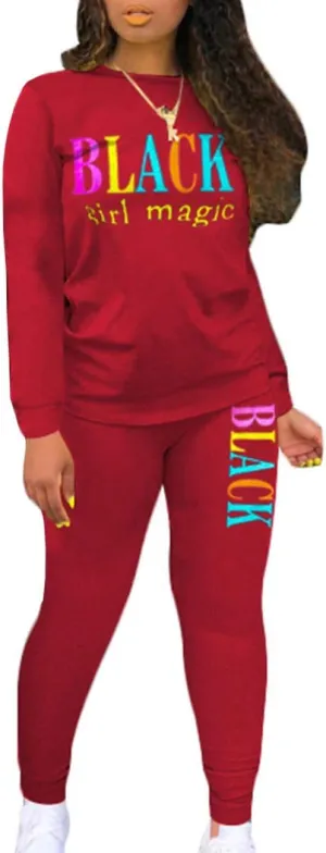ECDAHICC Women‘s 2 Piece Set Outfits Sweatsuits Long Sleeve Shirt Bodycon Sweatpants Black Girl Magic Letter Printed