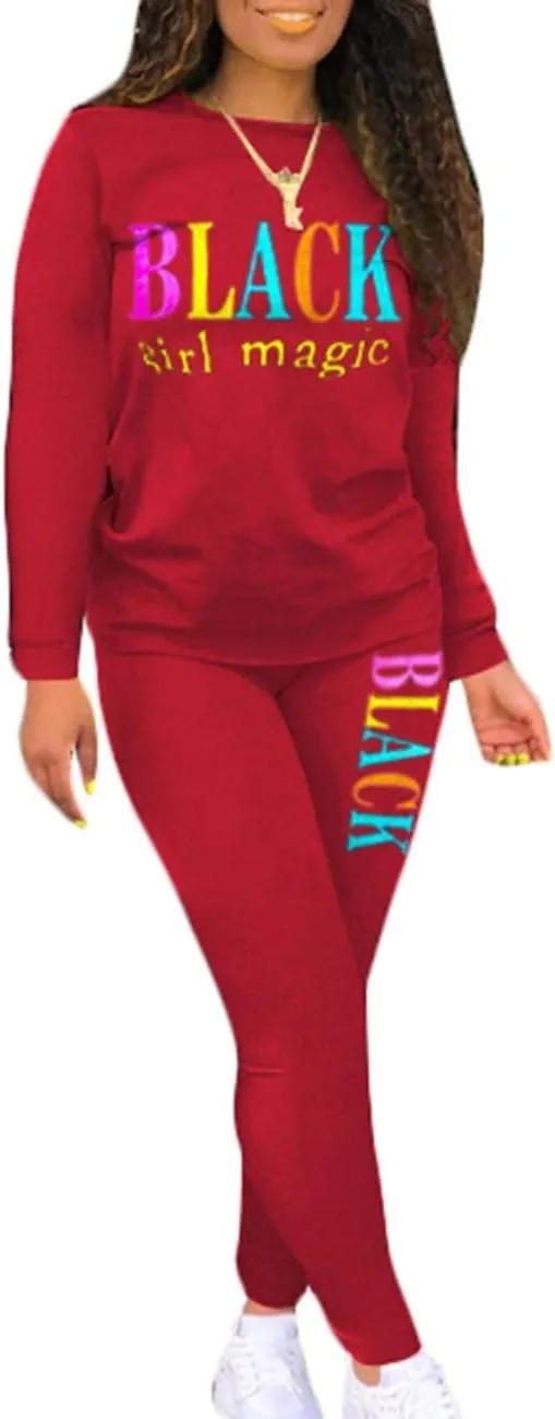 ECDAHICC Women‘s 2 Piece Set Outfits Sweatsuits Long Sleeve Shirt Bodycon Sweatpants Black Girl Magic Letter Printed