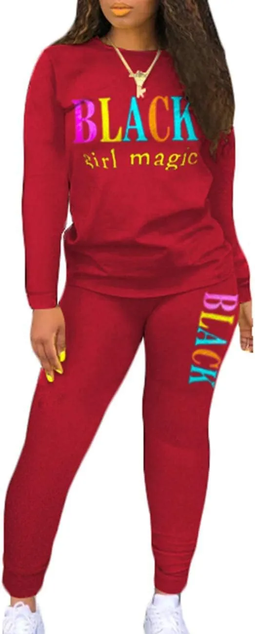 ECDAHICC Women‘s 2 Piece Set Outfits Sweatsuits Long Sleeve Shirt Bodycon Sweatpants Black Girl Magic Letter Printed