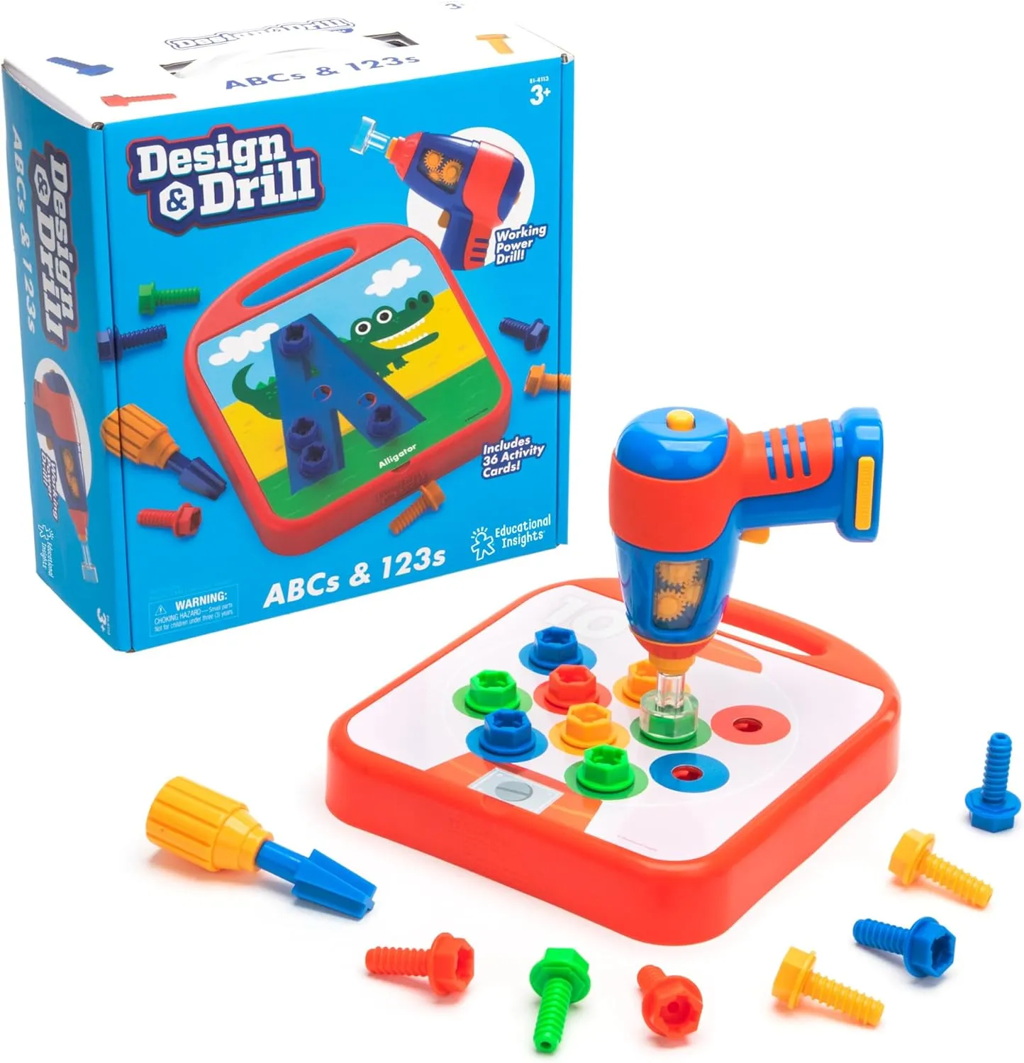 Educational Insights Design & Drill ABCs & 123s - Construction Toys & Toddler Tools, Kids Tool Set with Real Electric Drill Toy, Preschool Learning Activities, Building Kits and Gifts for Ages 3 