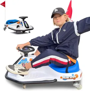 Electric Drifting Go Kart for Kids, PoderLeo 24V 7AH Drift Kart Ride on Toy with High/Low Speed, Soft Start, MP3 Player, Bluetooth, LED Lights, Electric Crazy Cart for Kids Ages 3-8 (Blue)