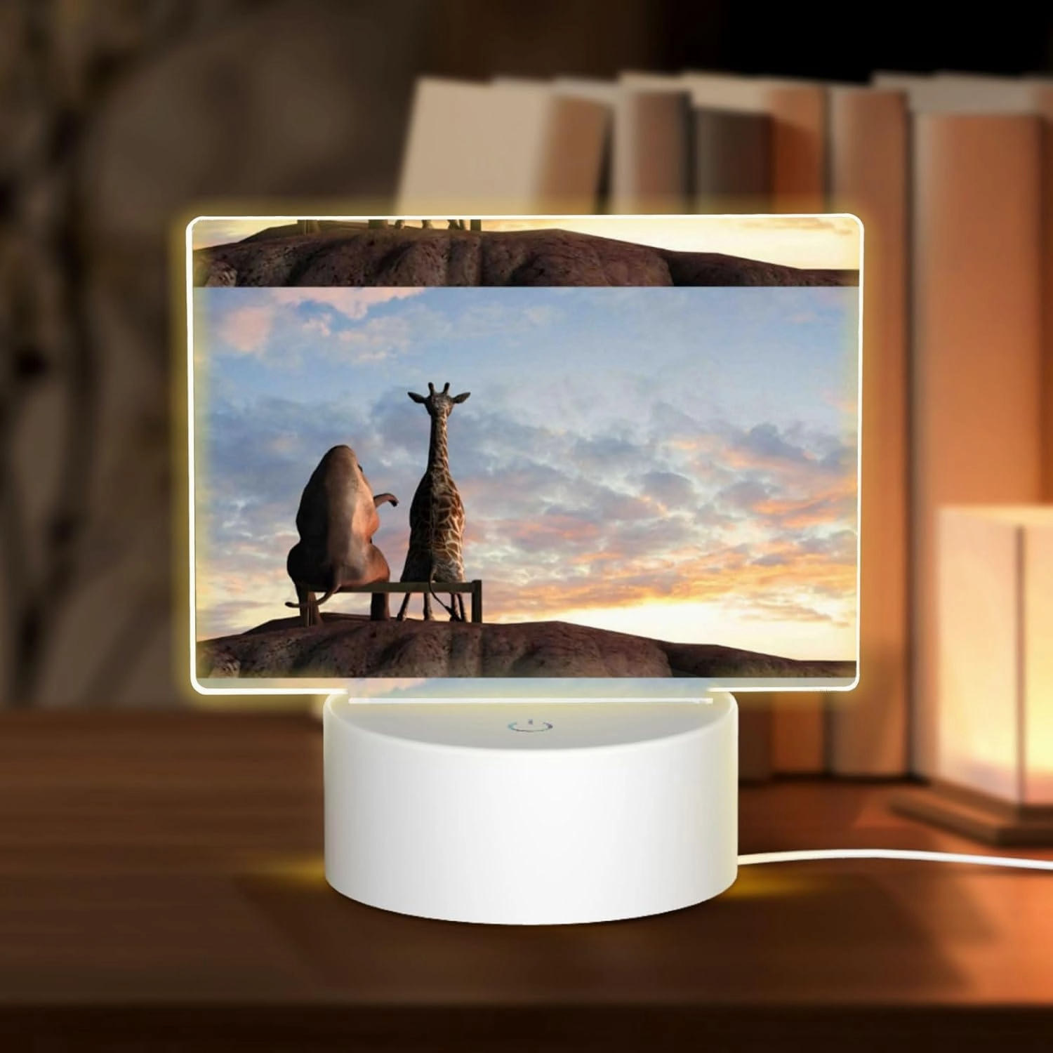 Elephant Giraffe On A Mountain Top Sunset LED Light Base with Clear Acrylic Sheet 3D Night LED Lamp Display Base USB Cable for Living Room Bedroom Room Bar Gift Lamp