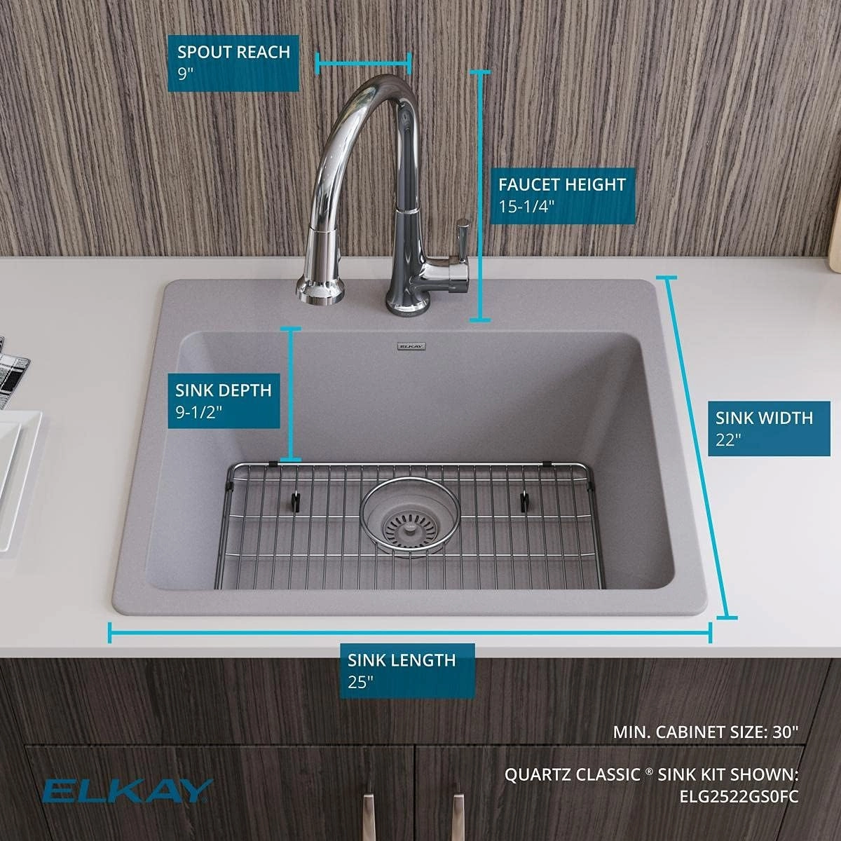 Elkay Quartz Classic ELG2522MC0FC 25" x 22" x 9-1/2", Single Bowl Drop-in Sink Kit with Faucet, Mocha