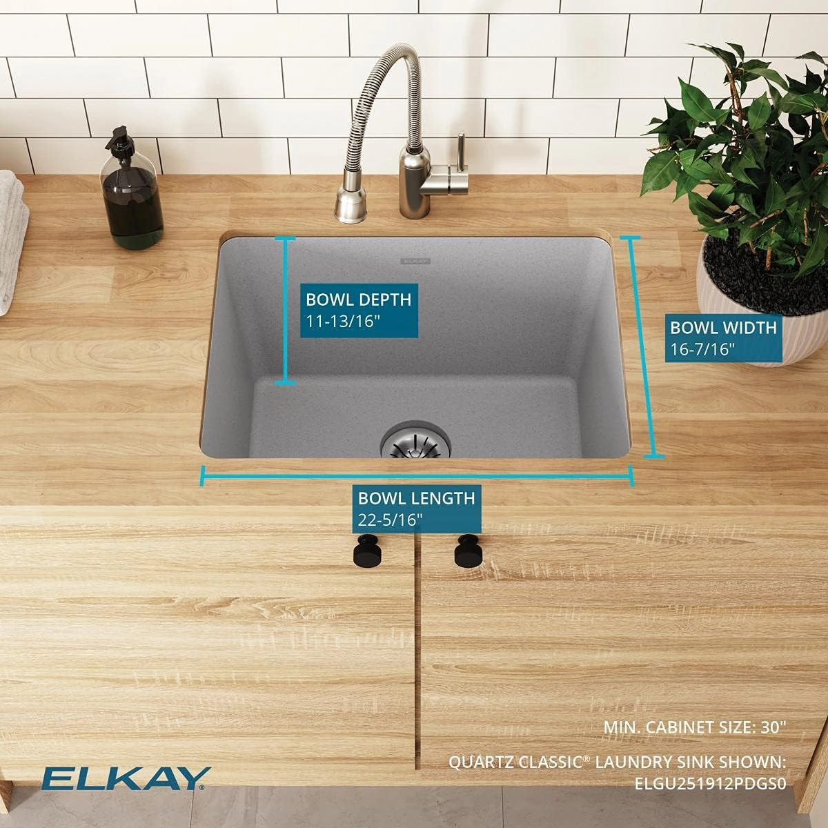 Elkay Quartz Classic ELGU251912PDGS0 Greystone Single Bowl Undermount Laundry Sink with Perfect Drain