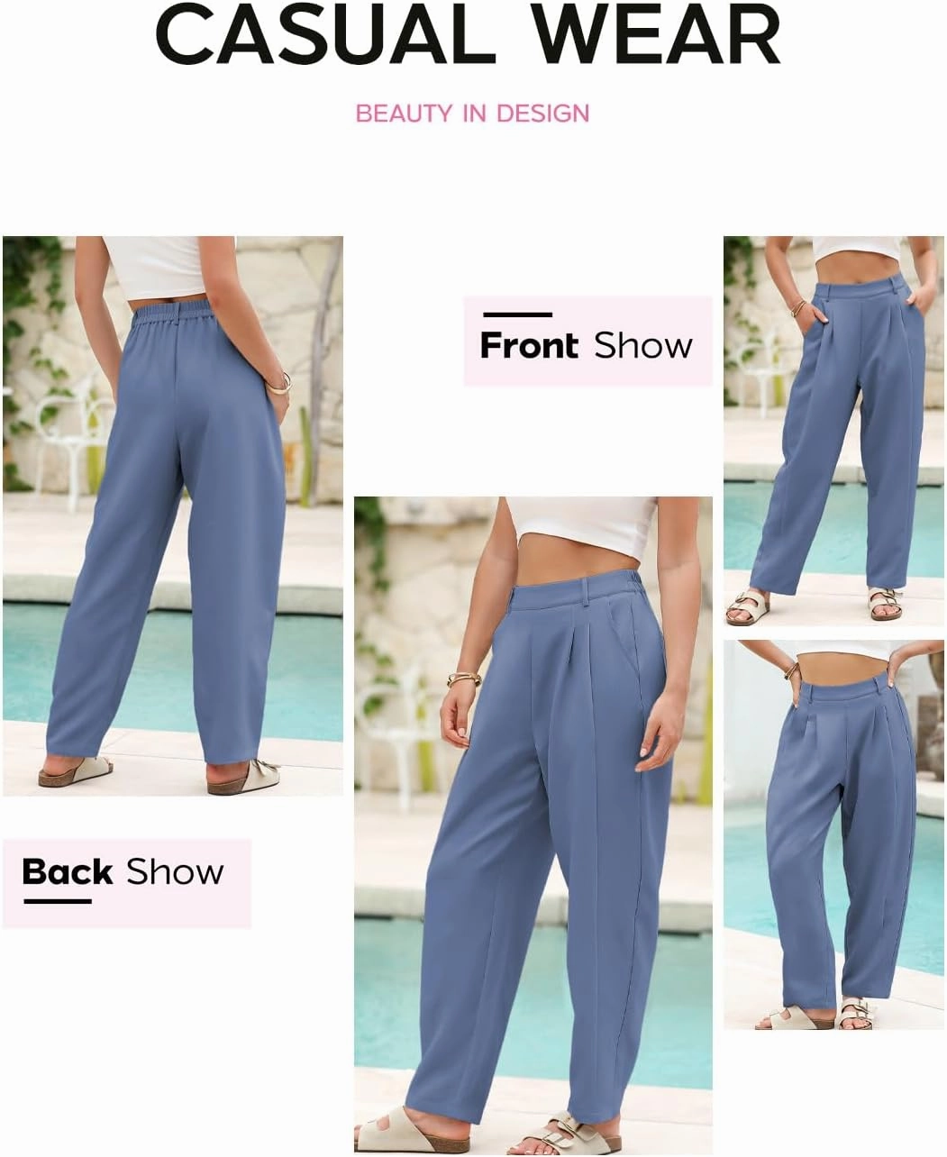 EVALESS Womens Wide Leg Barrel Pants Elastic High Waisted Side Pocket Palazzo Trousers Business Work Casual Pants