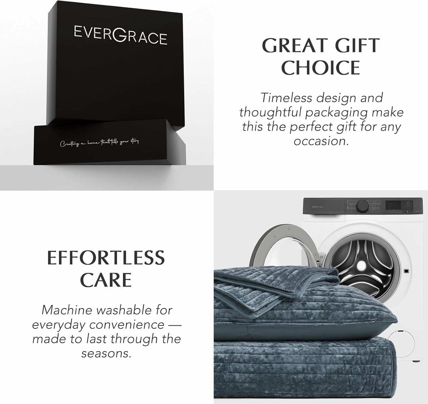 EVERGRACE Velvet Quilt Set Queen Size, Luxurious Soft Striped Channel Bedding Set, Lightweight Velvet Comforter for All Season, Oversized Bedspread Coverlet with 2 Matching Shams, Stormy Blue