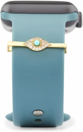 Evil Eye Decorative Ring Loops Jewellery Accessories Compatible with Smart Watch Silicone Band Strap | Charm Solitaire Crystals Cubic Zirconia Sparkling Diamond with Blue Stone, Gold, Medium, Classic