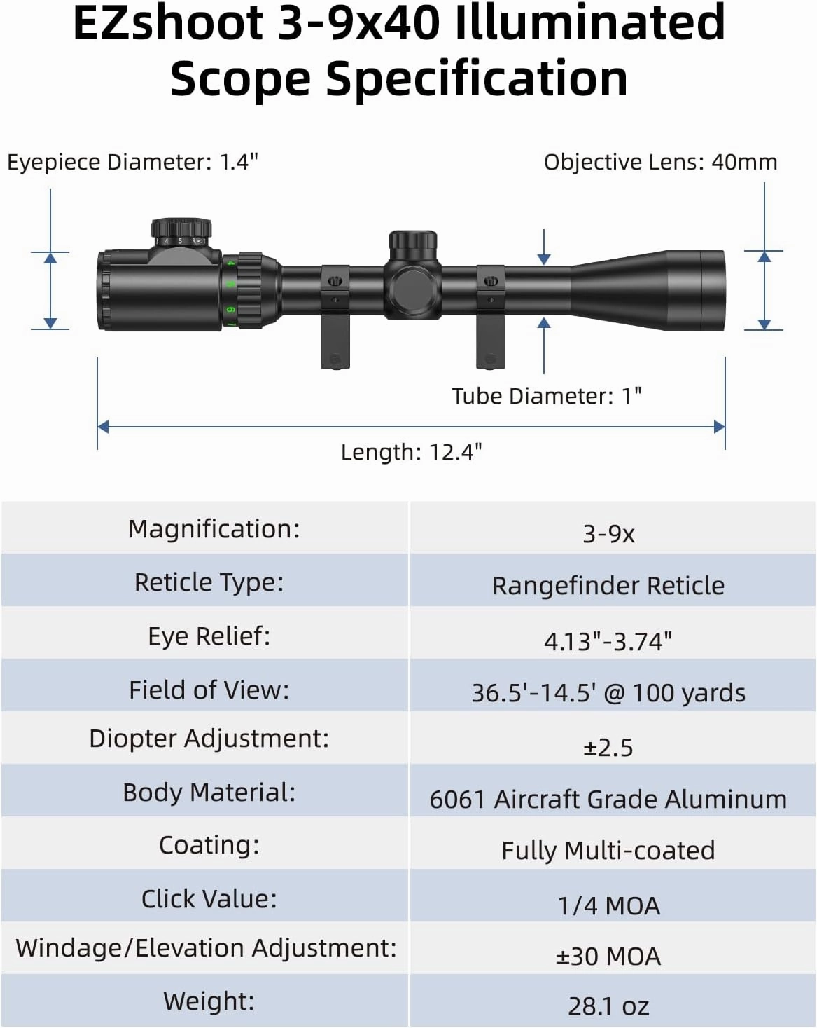 EZshoot 3-9x40 Rifle Scope Red Green Illuminated Rifle Scope with Scope Mounts
