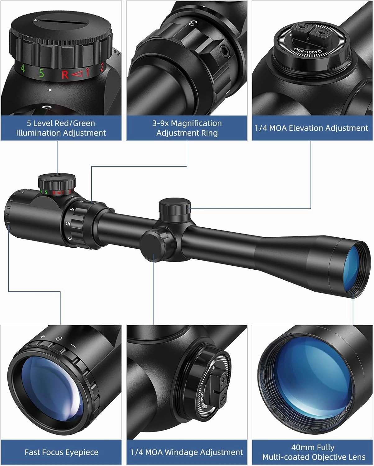 EZshoot 3-9x40 Rifle Scope Red Green Illuminated Rifle Scope with Scope Mounts
