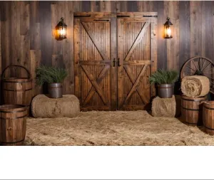 Fabric Rustic Barn Door Backdrop Wooden Wall Backdrop Farm Barn Backdrop for Birthday Party Rustic Wedding Photo Background Haystack Backdrop Western Party Decoration Backdrop 7x5ft