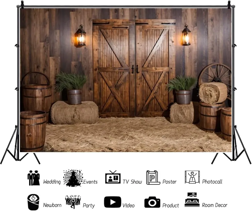 Fabric Rustic Barn Door Backdrop Wooden Wall Backdrop Farm Barn Backdrop for Birthday Party Rustic Wedding Photo Background Haystack Backdrop Western Party Decoration Backdrop 7x5ft