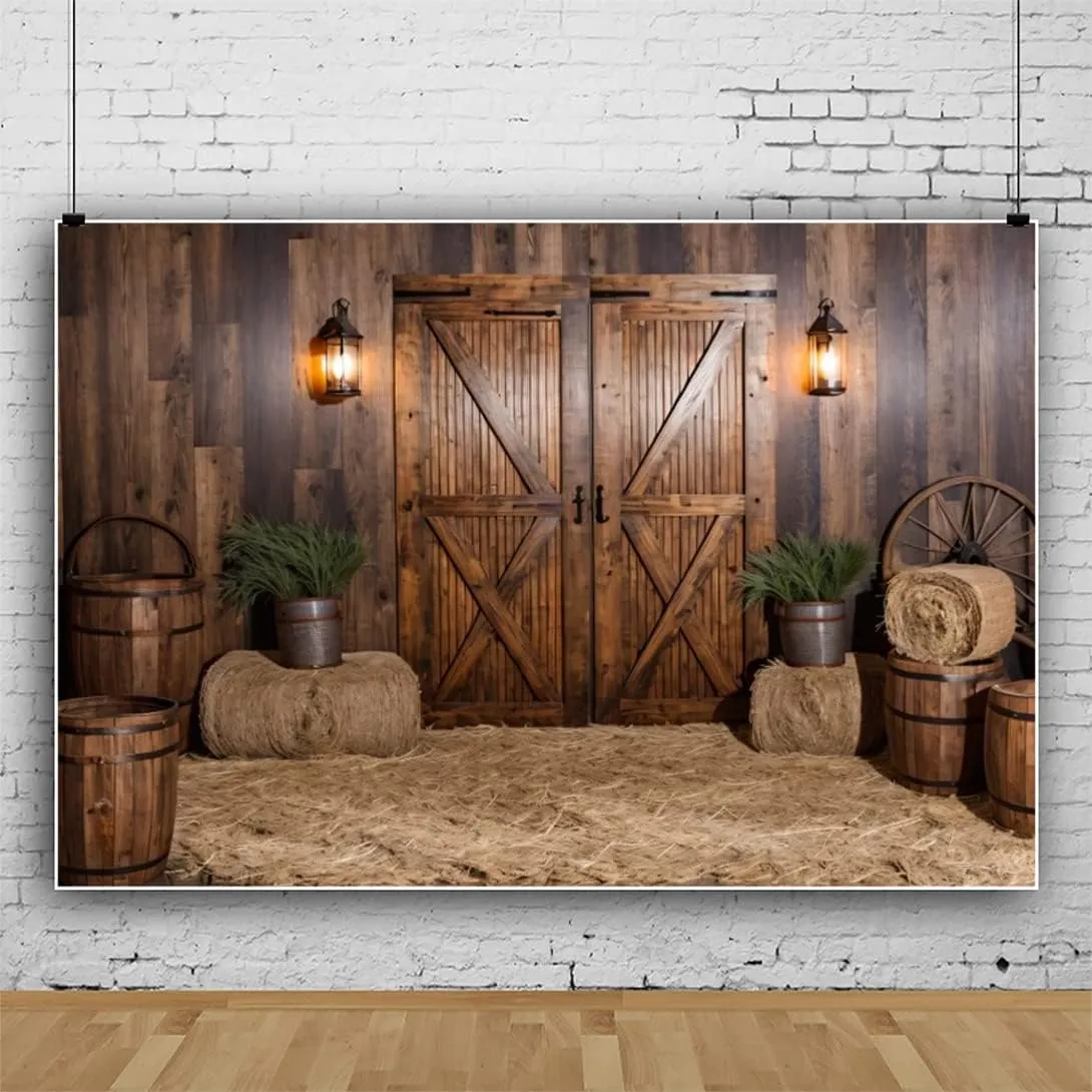 Fabric Rustic Barn Door Backdrop Wooden Wall Backdrop Farm Barn Backdrop for Birthday Party Rustic Wedding Photo Background Haystack Backdrop Western Party Decoration Backdrop 7x5ft