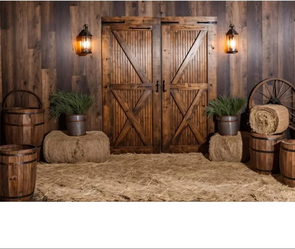 Fabric Rustic Barn Door Backdrop Wooden Wall Backdrop Farm Barn Backdrop for Birthday Party Rustic Wedding Photo Background Haystack Backdrop Western Party Decoration Backdrop 7x5ft