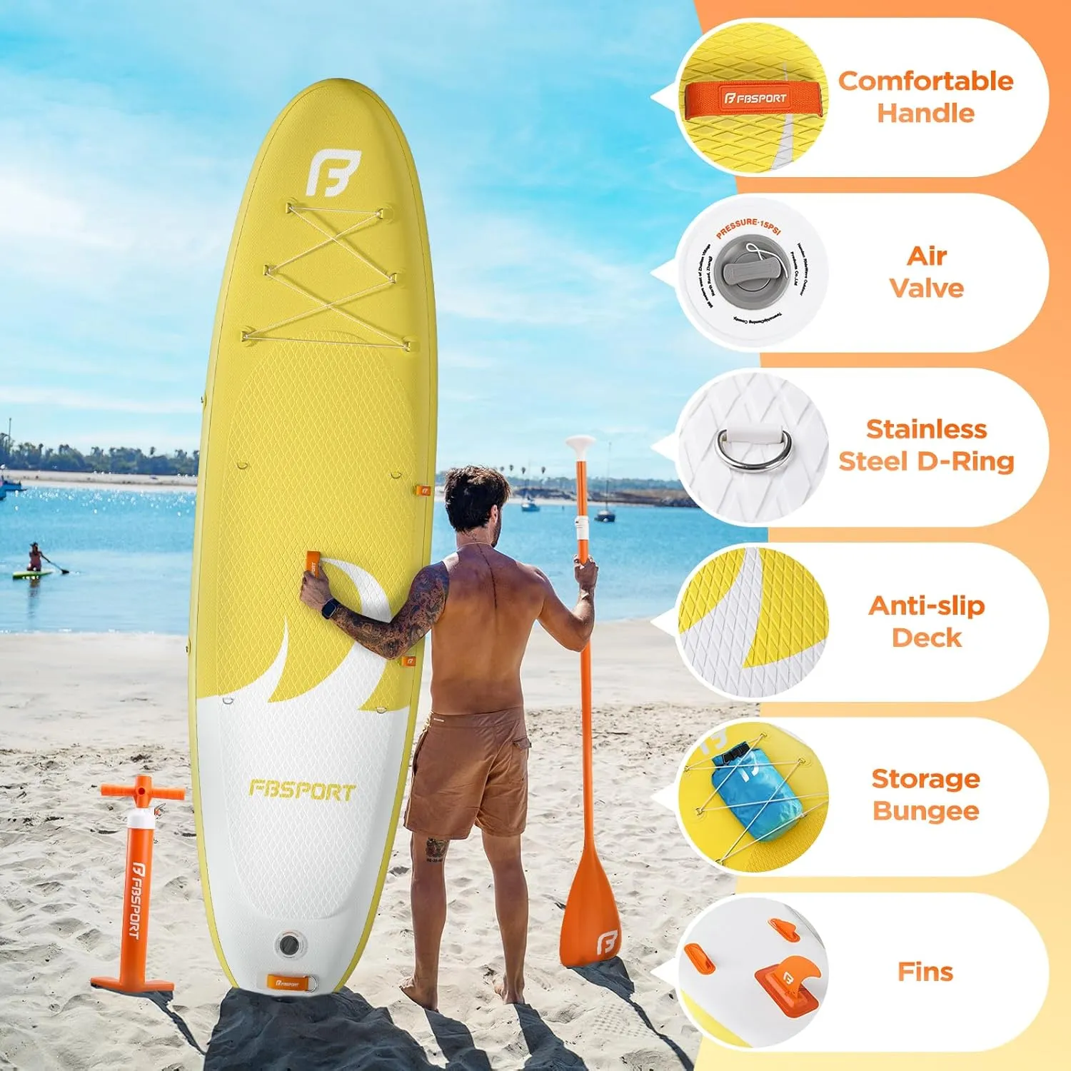 FBSPORT 11' Premium Stand Up Paddle Board, Yoga Board with SUP Accessories & Carry Bag | Wide Stance, Surf Control, Non-Slip Deck, Leash, Paddle and Pump for Youth & Adult